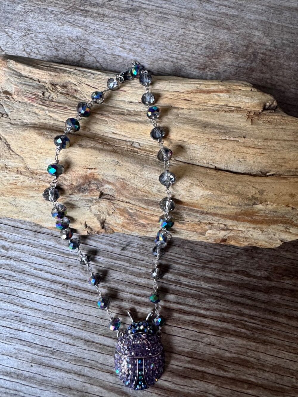 Kirks Folly purple ladybug locket necklace AB crystal beaded chain with Box - Picture 3 of 10